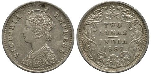 British India Indian silver coin 2 two annas 1887, bust of Queen Victoria in oriental dress left, denomination and date within circular floral wreath,