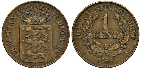 Danish West Indies coin 1 one cent 1868, crowned shield with three lions, denomination flanked by...