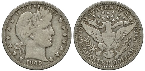 United States US silver coin 1/4 quarter dollar 1909, laureate Liberty head surrounded by thirteen stars right, eagle with shield on chest holding olive branch and bundle of arrows in talons,