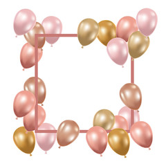 frame with helium balloons on white background