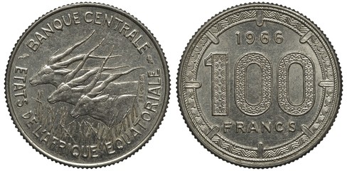 Currency Union of Equatorial African States coin 100 one hundred francs 1966, three antelope heads, date and denomination within ethnic ornament,