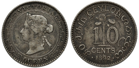 British Ceylon silver coin 10 ten cents 1892, head of Queen Victoria within ornament, palm tree...