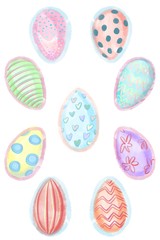 Set of colorful Easter eggs isolated on a white background. Raster graphics.