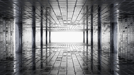 Dark tiles blank wall room corridor interior glossy and lighting backdrop, 3d rendering.