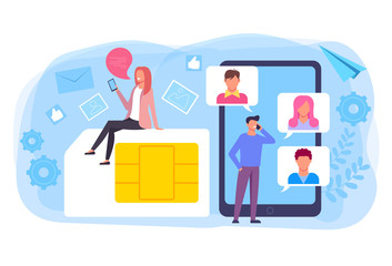 Two people man and woman character chatting online. Internet communication mobile sim card network concept. Vector flat graphic design isolated illustration