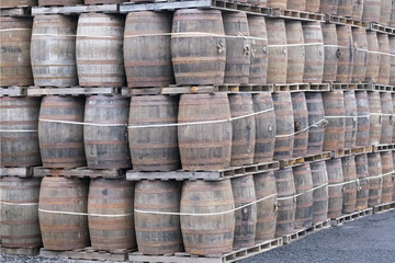 Wooden oak barrel stack for whisky distillery