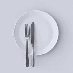 Blank white plate with fork and knife, top view isolated, 3d rendering illustration. Clear dish with cutlery design. Empty restaurant table ware.