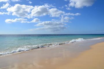 Fototapeta na wymiar Fuerteventura beach. Morro Jable, Jandia beach (Jandia Palya). Beautiful sunny day, Canary Islands. Spain