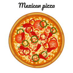 Mexican pizza with tomatoes, peppers and chilli. Object for packaging, advertisements, menu. Isolated on white. Vector illustration. Cartoon.
