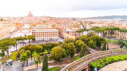 Vatican City with St. Peter's Basilica. Panoramic skyline view from Castel Sant'Angelo, Rome, Italy