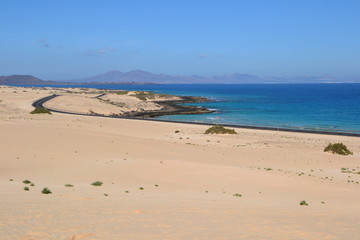 The sand dunes landscape at Parque Natural de Corralejo at Fuerteventura, Canary Islands, Spain