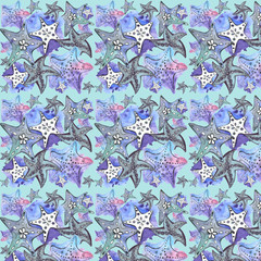 The underwater world and its deep-sea inhabitants - starfish and shellsю Watercolor hand drawn pattern