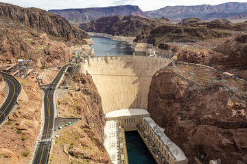 Hoover Dam in the Black Canyon of the Colorado River, on the border between the U.S. states of Nevada and Arizona