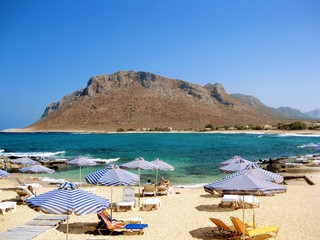 Picturesque Stavros beach at Crete, Greece. Mountain rising over the bay. Movie “Zorba the...