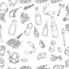 Vector illustration of a collection of poultry food and meat products. Seamless background