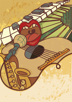 Jam session, jazz, blues music concert vector background flayer, retro style