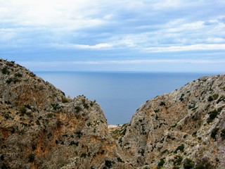 The end of Avlaki jorge (or Katholiko jorge), near Chania, Crete, Greece. Picturesque bay, which in...