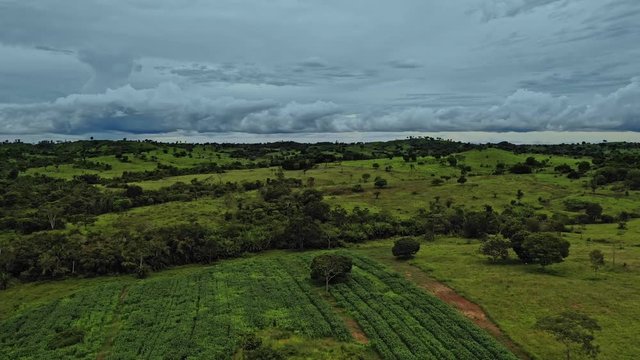 Dark moody aerial shot over green fields in the Brazil countryside on a stormy day. Backward Dolly Shot