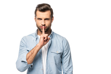 man with finger on mouth Isolated On White with copy space