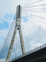 Swietokrzyski Bridge over Vistula river, Warsaw, Poland. Modern, cable-stayed bridge with single tower and cables attached supporting the deck. View from below. 