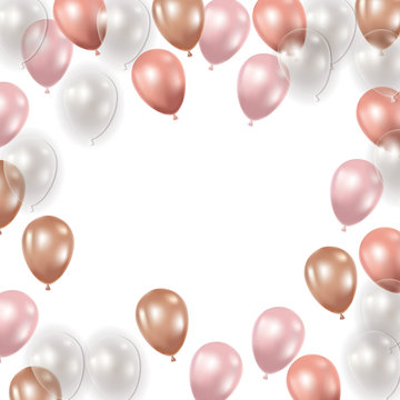 frame with helium balloons on white background