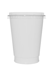 The disposable plastic cup closed by a cover on a white background