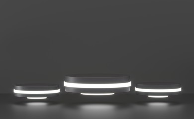Round podium, pedestal or platform, illuminated by led spotlights. illustration. Bright lightpodium. Advertising place. Blank product stand and with light. Empty showcase. 3d Rendering.