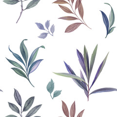 Seamless watercolor pattern. A set of leaves. Watercolor painted leaves. Design element. Elegant leaves for art design. Hand painted leaves on white background.