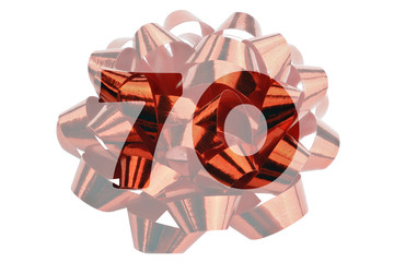 Highlighted number 70 in front of a closeup photograph of a red gift bow