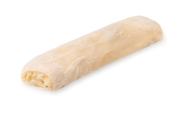 dough with potatoes, semi-finished puff pastry with mashed potatoes. Baking puff frosted on white background.