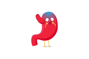 Cute cartoon suffering stomach character unhealthy sick terrified emoji sad horror emotion. Vector organ digestive system indigestion. Funny vector illustration