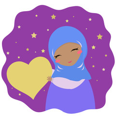 A cute muslim girl holding a heart. Vector illustration. 