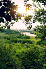 Fototapeta na wymiar Amazing spring cityscape, green background, city river, Moscow.