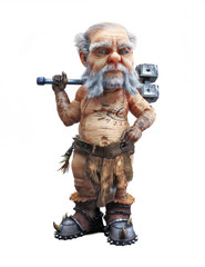 Portrait of a cute mighty dwarf standing with a war hammer on an isolated white background. 3d rendering © Digital Storm