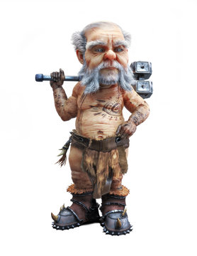 Portrait of a cute mighty dwarf standing with a war hammer on an isolated white background. 3d rendering
