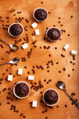 Several chocolate muffins on the table