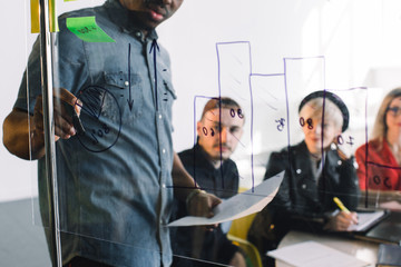 Young office workers sitting at the table while African male colleague showing ideas on glass wall during meeting, group of successful employees enjoying working process, and brainstorming