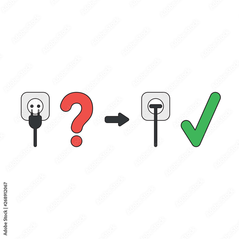 Poster vector icon concept of plugged into outlet with check mark and question mark.
