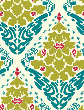 Christmas Vector Damask Pattern Seamless White Blue