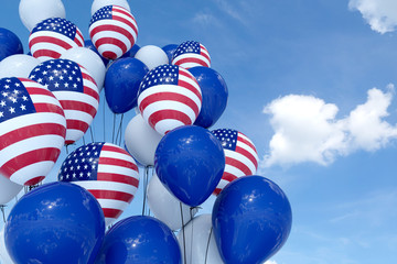 4th July Independence day USA celebration. Balloons with United States of America Flag and national colors over blue sky.-3d render