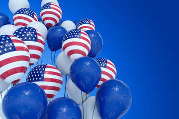 4th July Independence day USA celebration. Balloons with United States of America Flag and national colors on blue background.Copy space for text-3d render