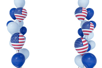 4th July Independence day USA celebration. Balloons with United States of America Flag and national colors on white background.Copy space for text-3d render