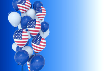 4th July Independence day USA celebration. Balloons with United States of America Flag and national colors on blue background.Copy space for text-3d render