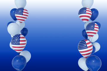 4th July Independence day USA celebration. Balloons with United States of America Flag and national colors on blue background.Copy space for text-3d render