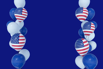 4th July Independence day USA celebration. Balloons with United States of America Flag and national colors on blue background.Copy space for text-3d render