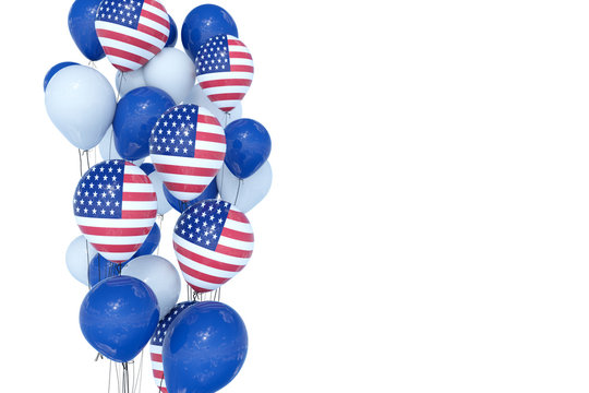 4th July Independence day USA celebration. Balloons with United States of America Flag and national colors on white background.Copy space for text-3d render