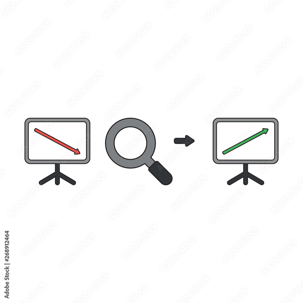 Poster vector icon concept of sales chart arrow moving down with magnifier and moving up.