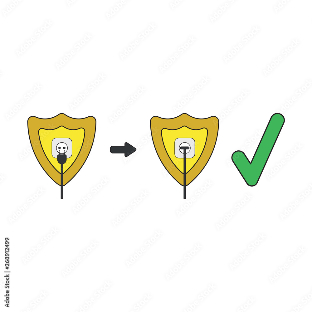 Aufkleber vector icon concept of shield with outlet and plug plugged into outlet with check mark.