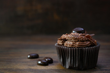 brown cupcake with cocoa butter cream, chocolate chips and coffee beans on rustic wood, copy space