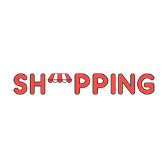 Vector icon concept of shopping word with shop awning.